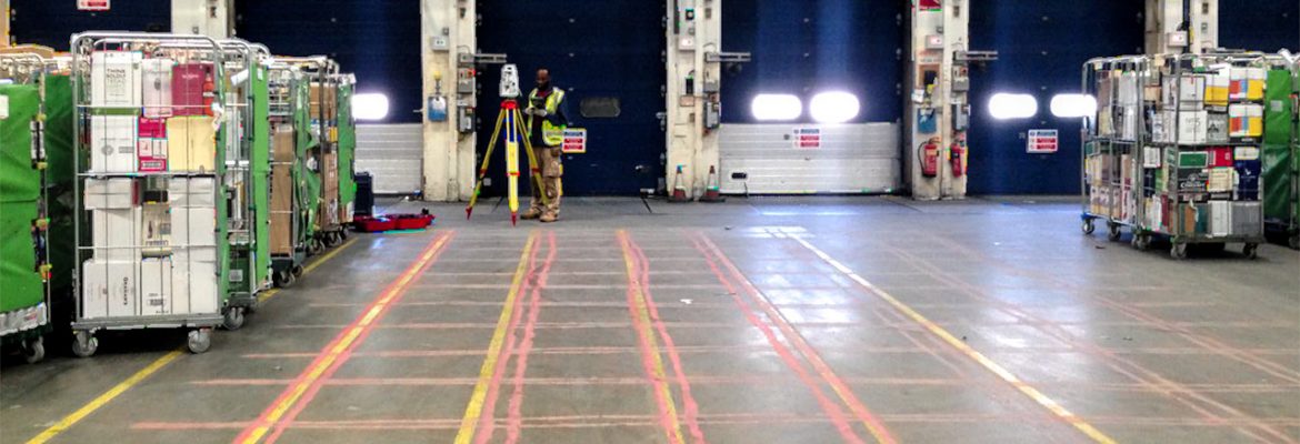 Warehouse floor slab with detected tendon locations marked up in situ.