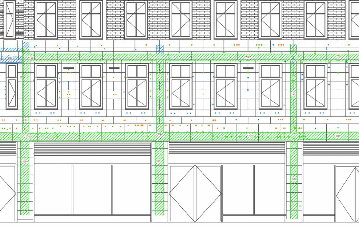 CAD plot of building facade with detected embedded metal marked up.