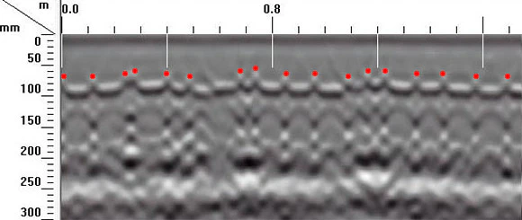 GPR radargram showing detected underfloor heating pipes